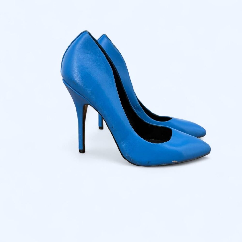 Retro Glam Blue Leather Pointed Toe High Stiletto Heel Classic Pumps